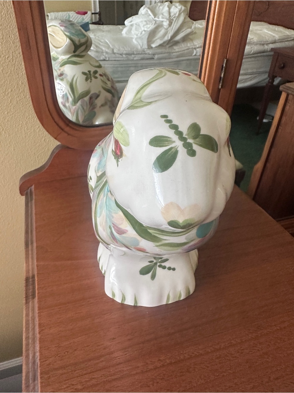 Hand-Painted White Ceramic Rabbit Sculpture with Floral Accents - Picture 3 of 5